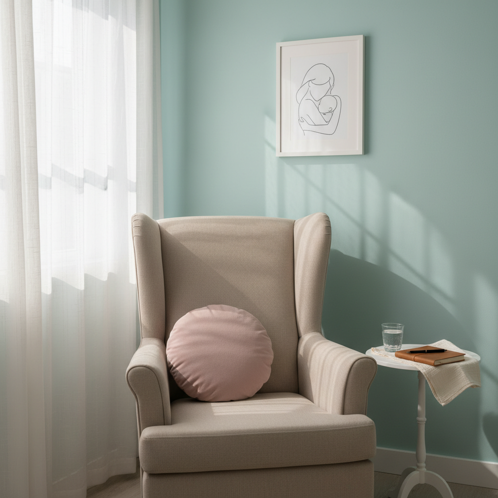 A serene breastfeeding and lactation counseling room without people, featuring a plush, high-backed nursing chair upholstered in soft beige fabric, with a supportive pillow in pastel pink resting on the seat. Beside it stands a small white side table holding a glass of water, a journal, and a neatly folded muslin cloth. The wall behind is painted in a soothing pastel teal with a minimalist framed illustration of a mother and baby rendered as a simple line drawing, no faces. Soft natural light enters through sheer white curtains, casting gentle shadows and a warm, comforting glow. Photographic realism, captured from a slightly angled perspective, highlighting a peaceful, private, and supportive environment for lactation care.