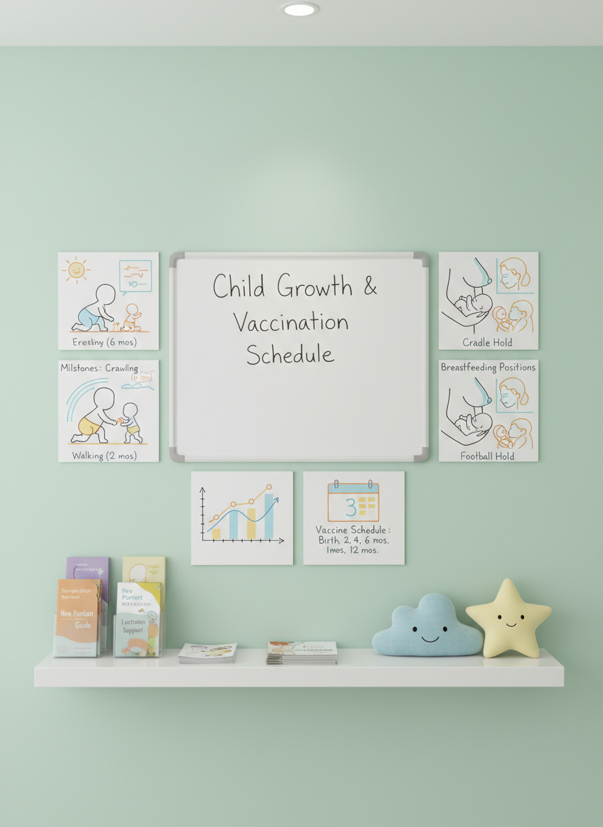 An organized wall display in a pediatric and lactation clinic with no people, featuring a large, clean whiteboard labeled “Child Growth & Vaccination Schedule” in tidy handwriting, surrounded by colorful illustrated charts of infant growth milestones and breastfeeding positions, all rendered as simple, faceless line art. Below the board, a sleek white shelf holds neatly stacked educational pamphlets and a few soft pastel-colored plush toys shaped like stars and clouds. The wall is painted in a gentle mint green, enhancing the feeling of freshness and care. Soft, even artificial lighting illuminates the display without harsh shadows. Photographic realism, framed straight-on with sharp focus across the scene, creating an informative yet calm and reassuring visual ideal for a parent-focused pediatric and lactation website.