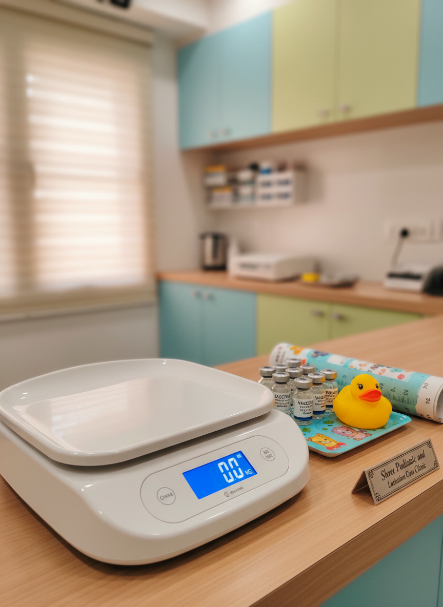 A detailed close-up of pediatric medical tools arranged neatly on a light wooden countertop in a clinic setting, with no people. The arrangement includes a digital infant weighing scale with a smooth white surface, a colorful height measuring chart rolled partially open, a set of tiny vaccination vials labeled clearly, and a bright yellow toy duck placed intentionally to create a child-friendly touch. The background shows blurred pastel-colored cabinets and a wall-mounted storage unit. Soft overhead lighting combines with diffused daylight from a side window, creating gentle reflections on the scale and vials. Photographic realism, shot from a slightly elevated angle with a shallow depth of field, emphasizing the precision, preparedness, and warm, child-centric focus of Shree Pediatric and Lactation Care Clinic.