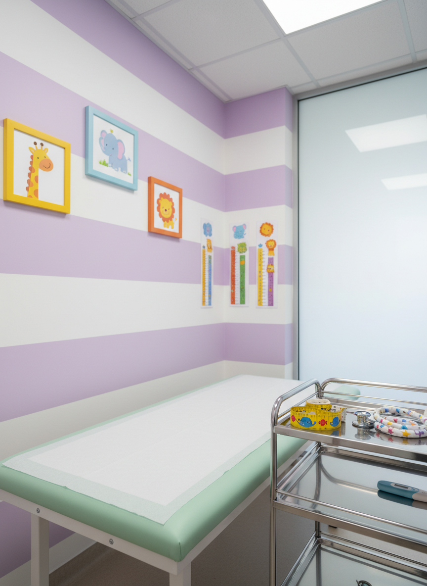 A spotless pediatric examination room without any people, showcasing a compact examination table with a pastel green cushioned surface and neatly folded white paper sheet. On a nearby rolling tray, there are neatly arranged pediatric instruments: a colorful measuring tape, a small digital thermometer, and a tiny stethoscope designed with playful patterns. Walls in soft lavender and white feature framed illustrations of smiling cartoon animals and growth charts. Overhead diffused clinical lighting blends with faint natural daylight from a frosted window, creating an evenly lit, welcoming environment. Photographic realism at an eye-level angle, with sharp focus on the table and instruments, and a slightly softened background, evoking cleanliness, safety, and gentle child-centered care.