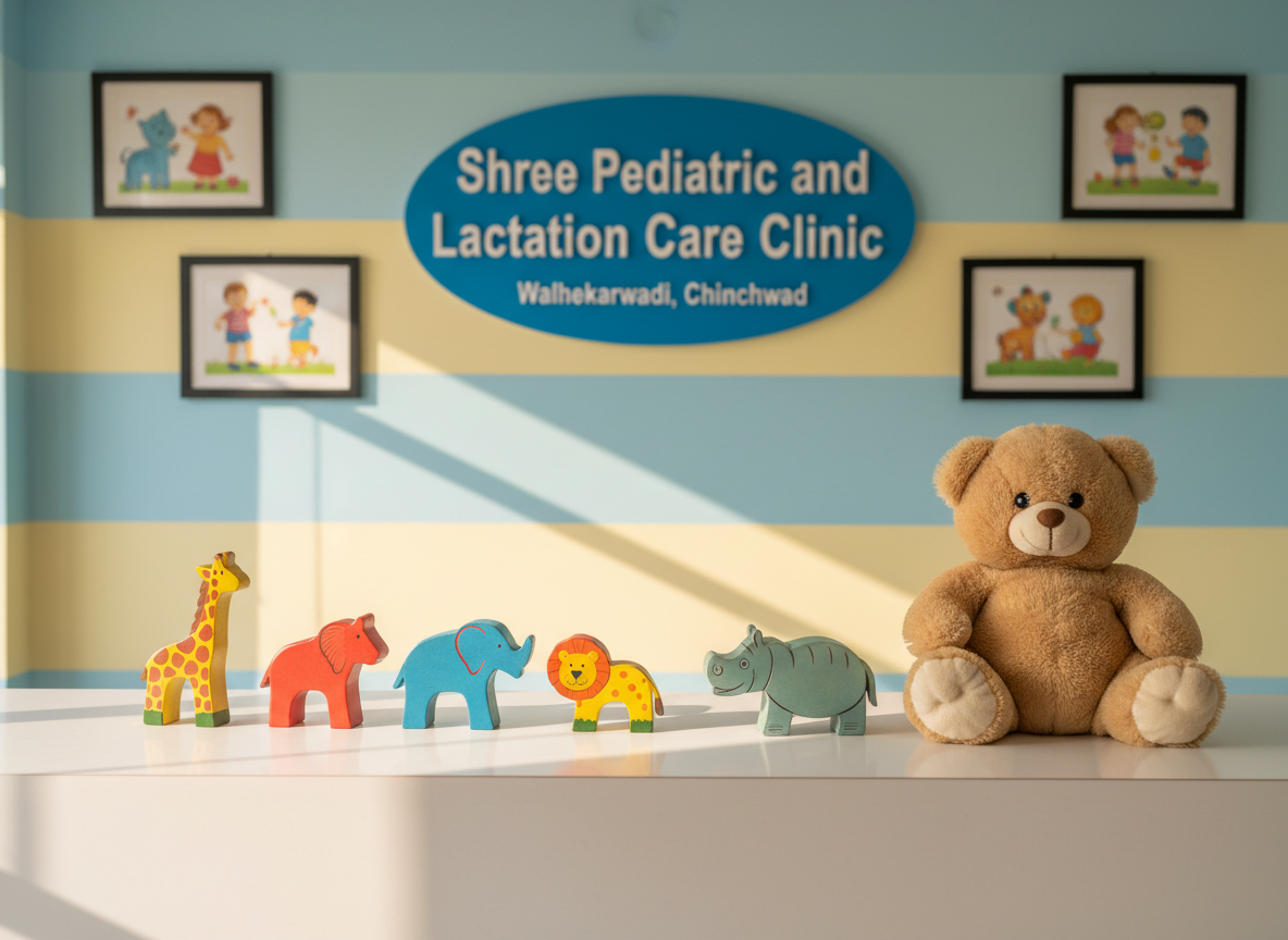 A warmly lit pediatric clinic reception desk with no people present, featuring a neatly arranged row of colorful wooden animal toys and a small plush teddy bear sitting upright on a smooth white countertop. Behind the desk, pastel blue and soft yellow walls display framed child-friendly illustrations and a clearly visible clinic name board reading “Shree Pediatric and Lactation Care Clinic, Walhekarwadi, Chinchwad.” Natural afternoon light filters in from an unseen window, creating gentle highlights on the toys and subtle shadows on the counter. Photographic realism, eye-level composition, with a shallow depth of field that softly blurs the background, conveying a calm, reassuring, and professional atmosphere ideal for parents seeking pediatric and lactation care.